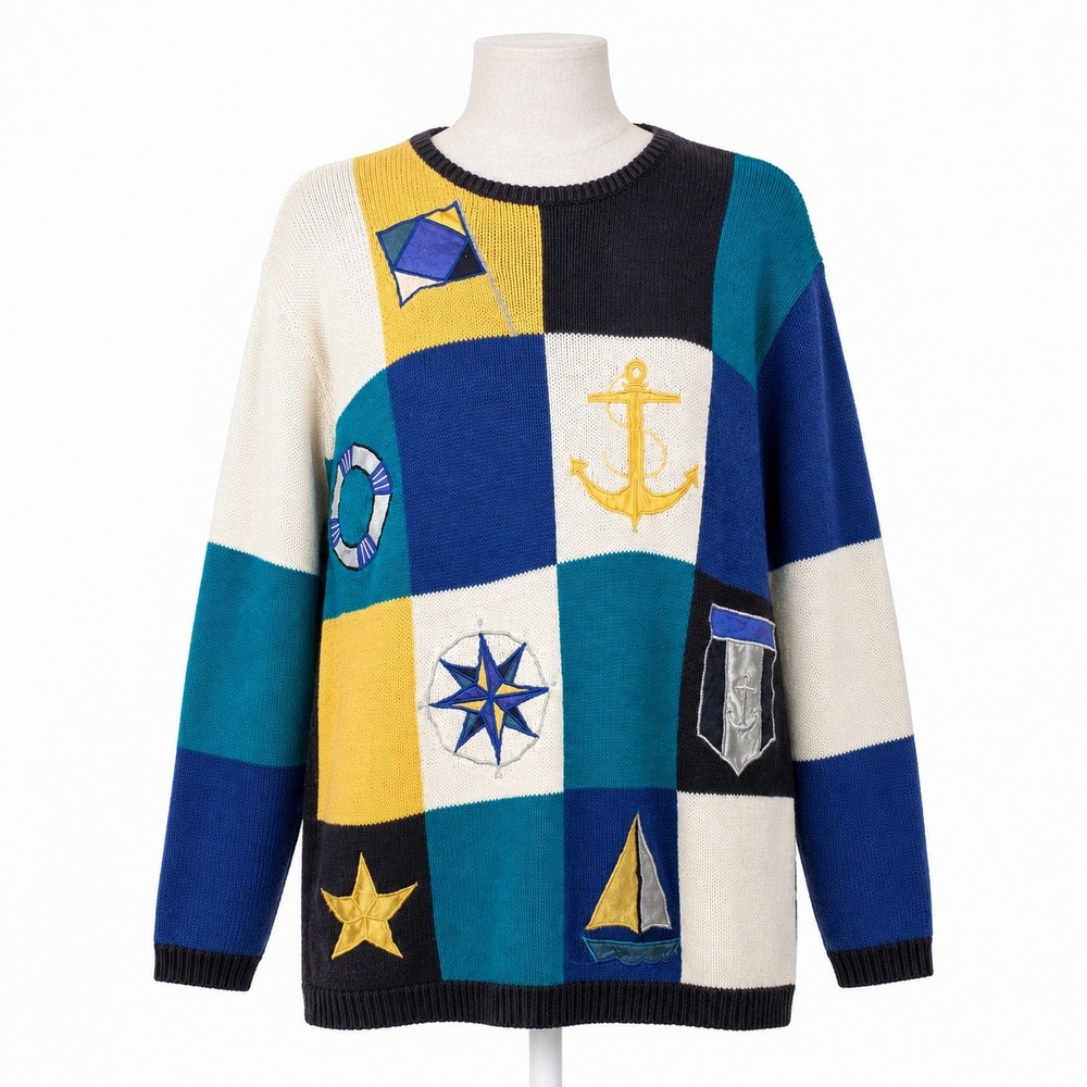 Vintage 90s Nautical Embroidered Patchwork Sweater Size S Pet Blue New England